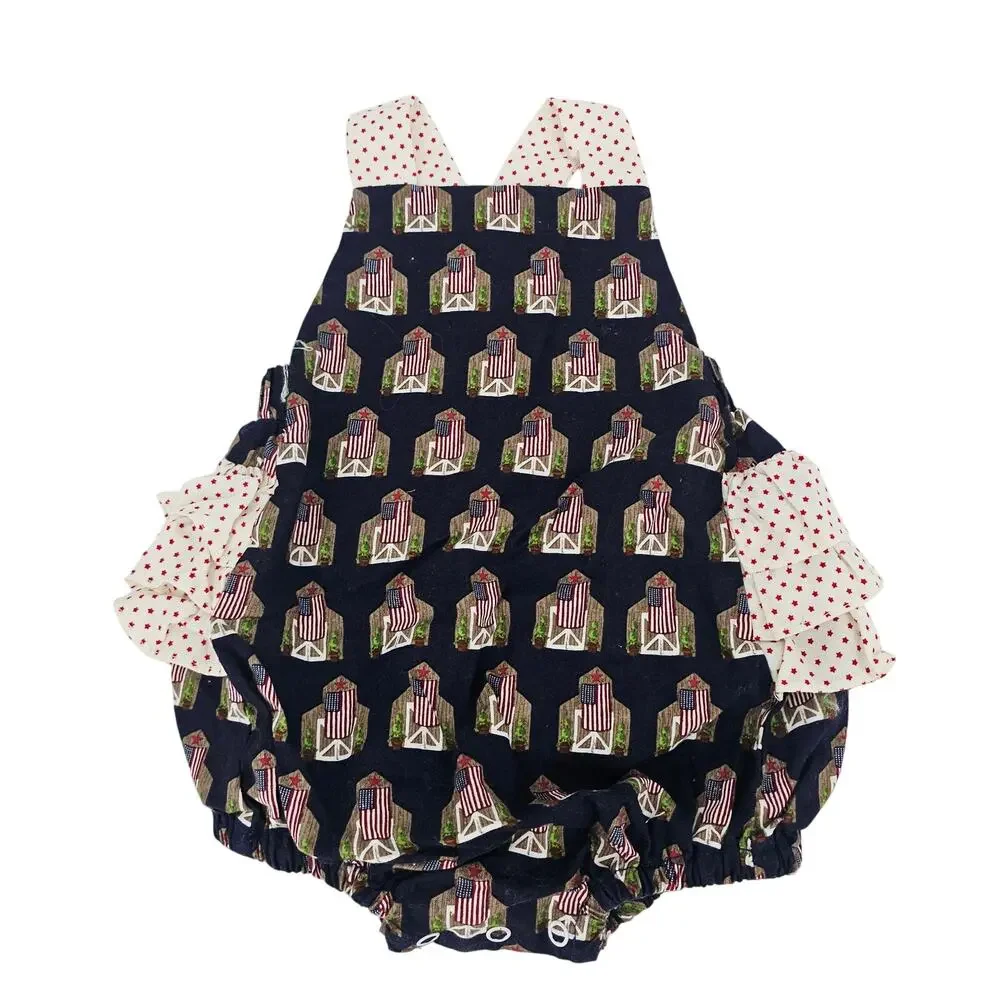 Handmade American Flag Farm Barn Ruffle Bubble Romper Baby Girl 3 months 3478